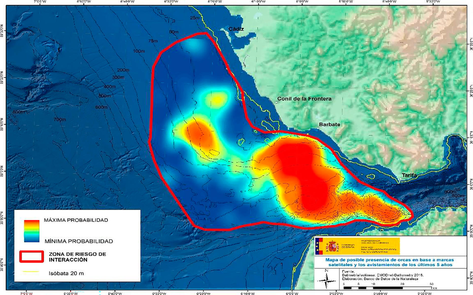 Mapa de zona de riesgo por interacciones con orcas en la costa entre Cádiz y Tarifa. Las interacciones entre embarcaciones y orcas se redujeron un 40 % en el verano de 2024 con respecto a 2023 en la zona comprendida entre el golfo de Cádiz y el Estrecho de Gibraltar, según los reportes recibidos en los centros de coordinación de Salvamento Marítimo. EFE/Delegación Gobierno de Andalucía /  ***SOLO USO EDITORIAL/SOLO DISPONIBLE PARA ILUSTRAR LA NOTICIA QUE ACOMPAÑA (CRÉDITO OBLIGATORIO)***