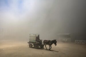 Un palestino viaja en un carro tirado por animales mientras se eleva humo tras un ataque aéreo israelí al oeste de la ciudad de Gaza, en la Franja de Gaza, el 23 de mayo de 2025. Más de 53.700 palestinos han muerto en la Franja de Gaza, según el Ministerio de Salud palestino, desde que Israel lanzó una campaña militar en la franja en respuesta a un ataque transfronterizo liderado por el grupo militante palestino Hamás el 7 de octubre de 2023, en el que murieron unos 1.200 israelíes y más de 250 fueron tomados como rehenes. EFE/EPA/MOHAMMED SABER