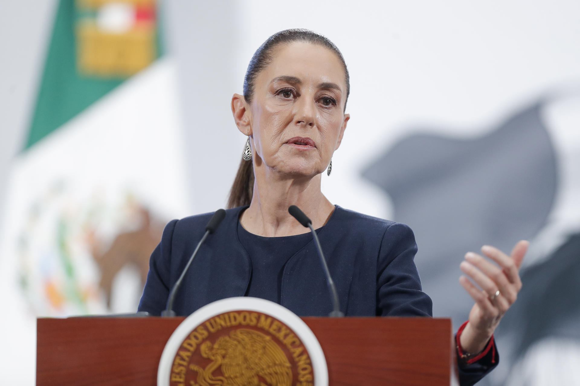 La presidenta de México, Claudia Sheinbaum, participa durante una rueda de prensa este jueves en Palacio Nacional de la Ciudad de México (México). EFE/ Isaac Esquivel