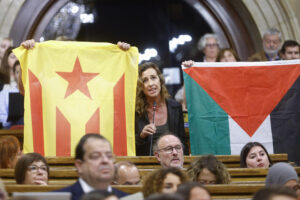 La diputada de la CUP, Laia Estrada (c), interviene durante la sesión de control al Gobierno catalán en el pleno del Parlament en un momento en el que se muestra una estelada y la bandera de Palestina, este miércoles. EFE/Quique García