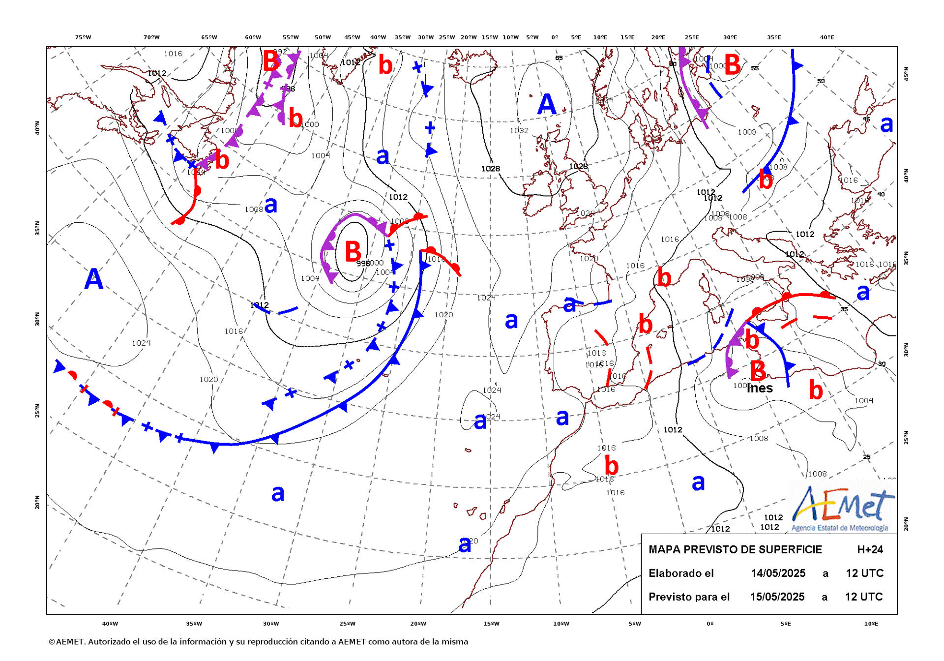 Mapa de isobaras facilitado por la Aemet, elaborado el 14/05/2025 y previsto para el 15/05/2025. EFE/Aemet SOLO USO EDITORIAL/SOLO DISPONIBLE PARA ILUSTRAR LA NOTICIA QUE ACOMPAÑA (CRÉDITO OBLIGATORIO)
