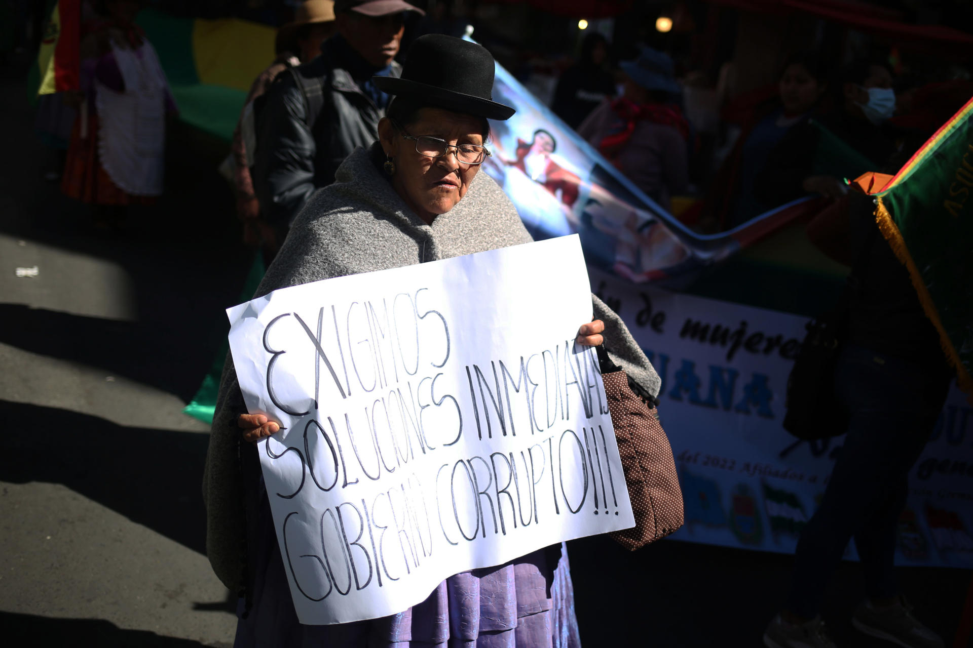 Una mujer aimara sostiene un cartel durante una protesta por la crisis económica este 28 de mayo de 2025, en La Paz (Bolivia). EFE/ Luis Gandarillas