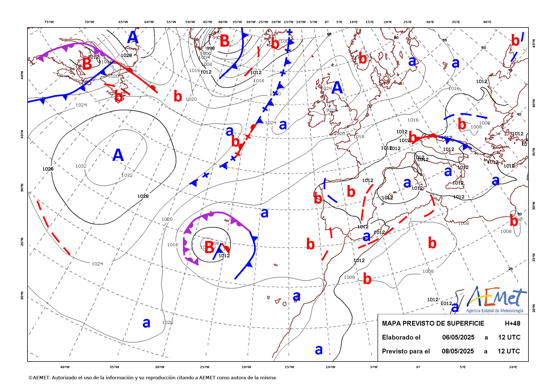 Mapa de isobaras facilitado por la Aemet, elaborado el 06/05/2025 y previsto para el 08/05/2025. EFE/Aemet SOLO USO EDITORIAL/SOLO DISPONIBLE PARA ILUSTRAR LA NOTICIA QUE ACOMPAÑA (CRÉDITO OBLIGATORIO)