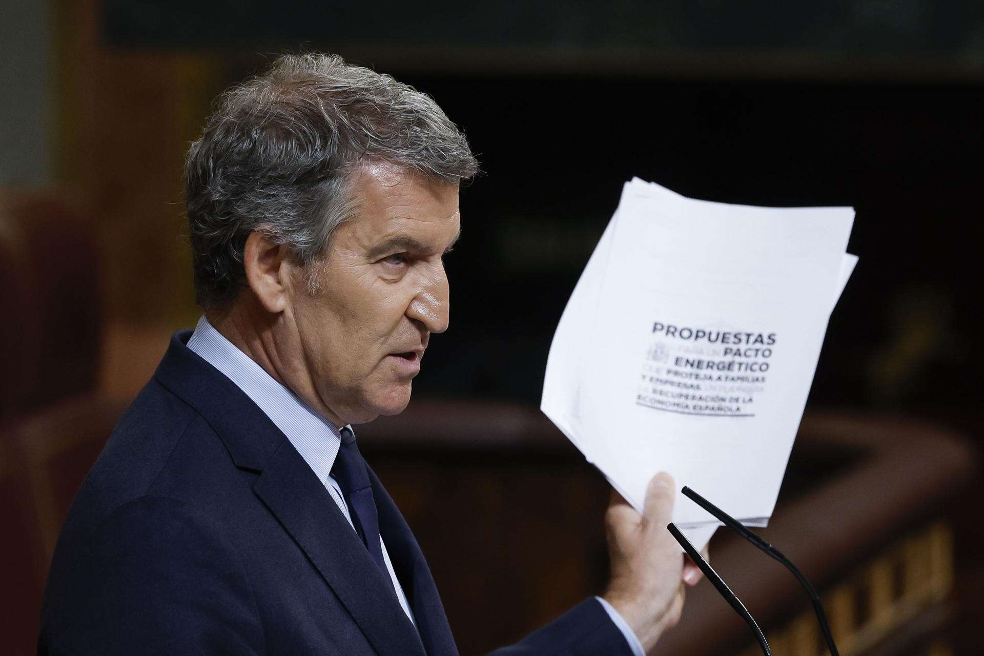 El líder del PP, Alberto Núñez Feijóo toma el turno de palabra tras la comparecencia del presidente del Gobierno, Pedro Sánchez, ante el Pleno del Congreso para informar del plan de defensa y del apagón masivo del 28 de abril. EFE/ J.J. Guillén