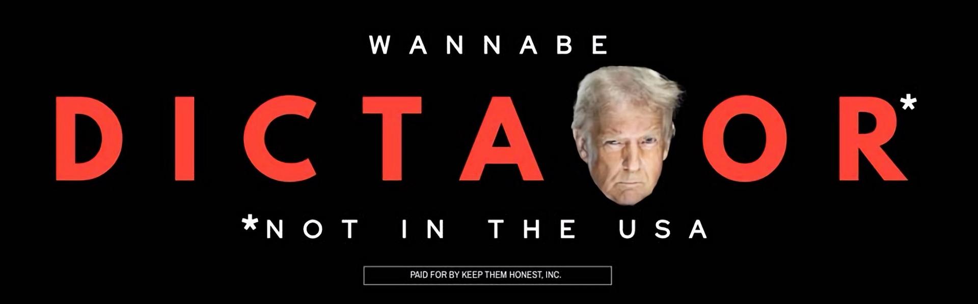 Fotografía cedida este viernes, 9 de mayo, por la organización sin fines de lucro Keep Them Honest Inc. de una imagen de la valla publicitaria que tacha al presidente estadounidense, Donald Trump, de 'aspirante a dictador', instalada en una concurrida autopista cerca al Aeropuerto Internacional de Miami (FL, EE.UU.). EFE/Keep Them Honest Inc.