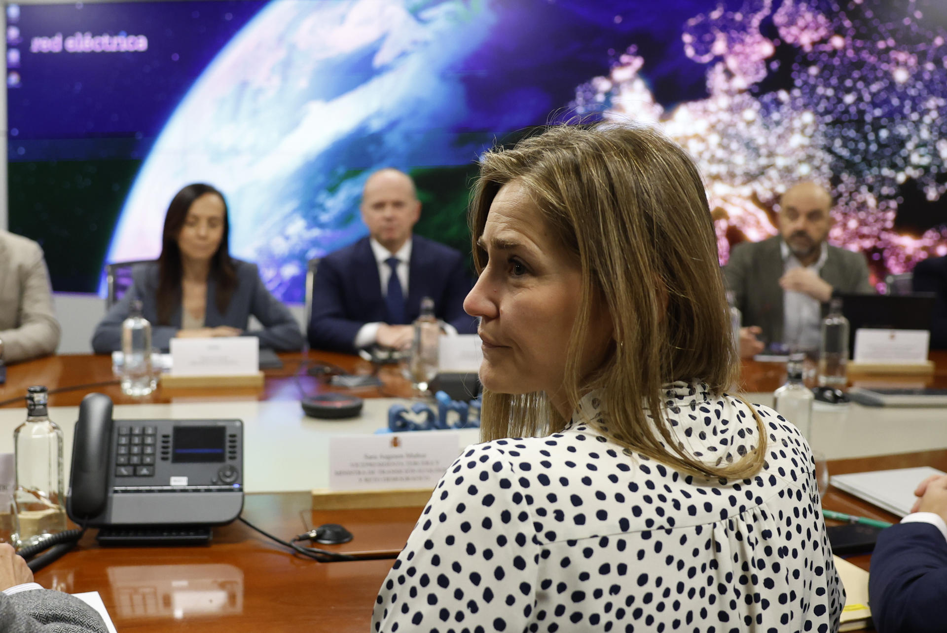 La vicepresidenta tercera del Gobierno y ministra para la Transición Ecológica y el Reto Demográfico, Sara Aagesen (de espaldas), preside la segunda reunión del Comité creado por el Gobierno para el análisis del apagón eléctrico del 28 de abril, este sábado en Madrid. EFE/Juan Carlos Hidalgo