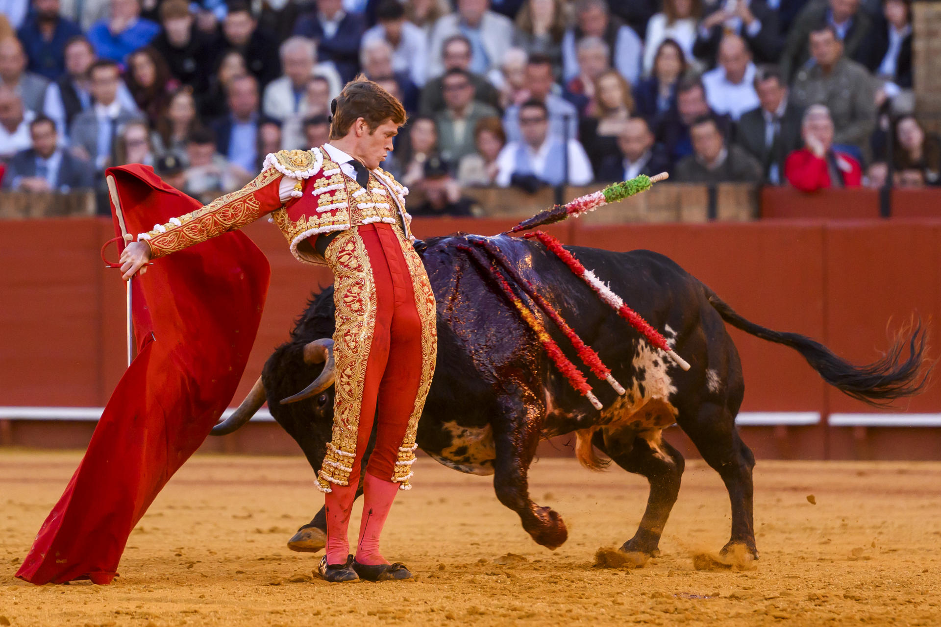 El diestro Borja Jiménez da un pase con la muleta al segundo de los de su lote, durante el séptimo festejo de abono de la Feria de Abril celebrado este viernes en La Real Maestranza, en Sevilla. EFE/Raúl Caro