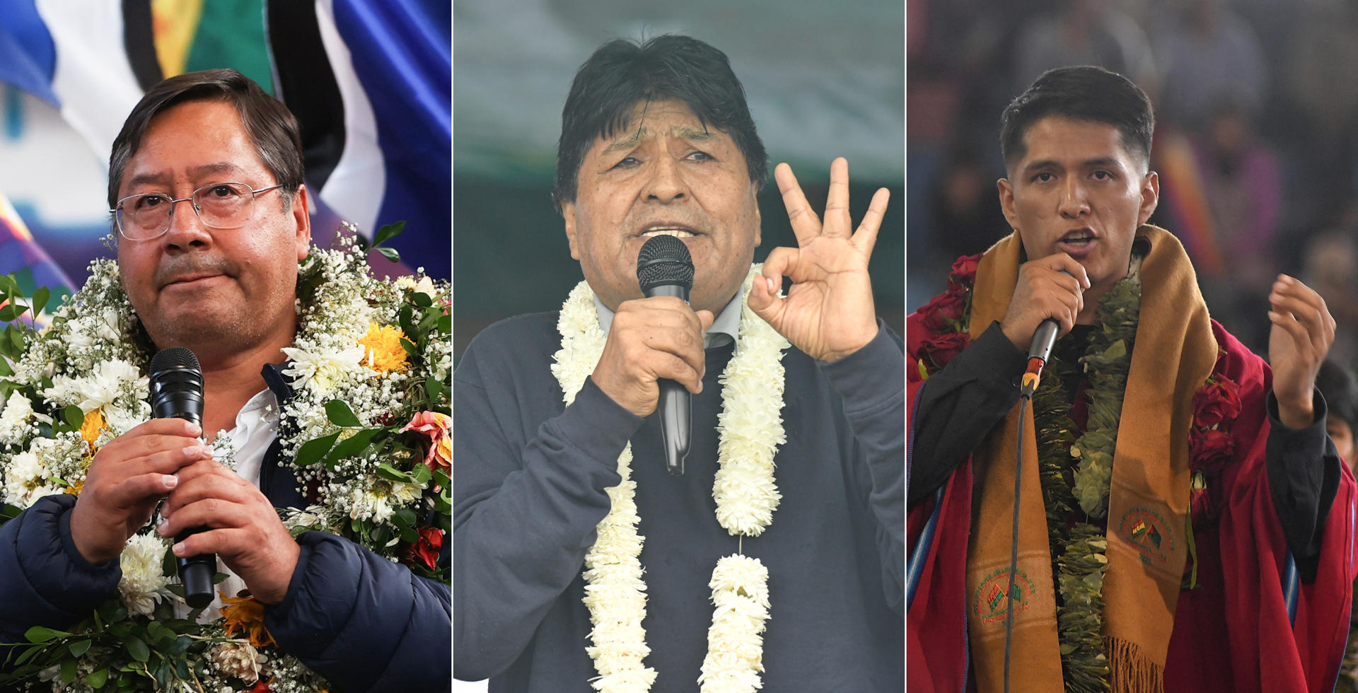 Combo de tres fotografías de archivo que muestra al presidente de Bolivia, Luis Arce (i), al exmandatario Evo Morales (c) y al presidente del Senado, Andrónico Rodríguez. EFE/ Luis Gandarillas/ Jorge Abrego