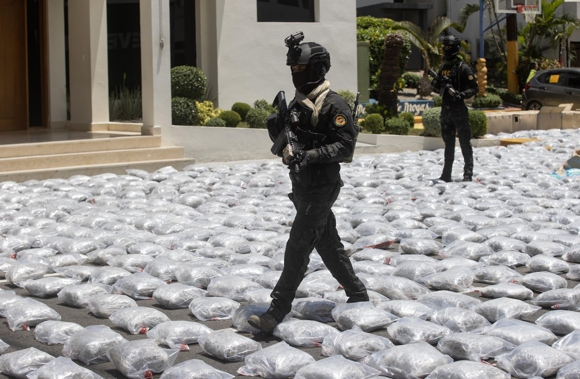 Integrantes de la Dirección Nacional de Control de Drogas (Dncd) de República Dominicana custodian este jueves, 1 de mayo, un cargamento de 3.000 paquetes de marihuana incautados en un puerto de la provincia de Santo Domingo (R. Dominicana). EFE/Orlando Barría