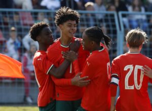 El jugador Cristiano Ronaldo Junior (c) celebra un gol en el torneo internacional Vlatko Markovic sub-15 en Cakovec, Croacia. EFE/EPA/ANTONIO BAT