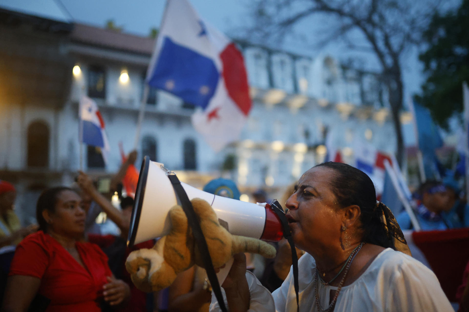 Una mujer fue captada este viernes, 23 de mayo, durante una protesta antigubernamental, en Ciudad de Panamá (Panamá). EFE/Bienvenido Velasco