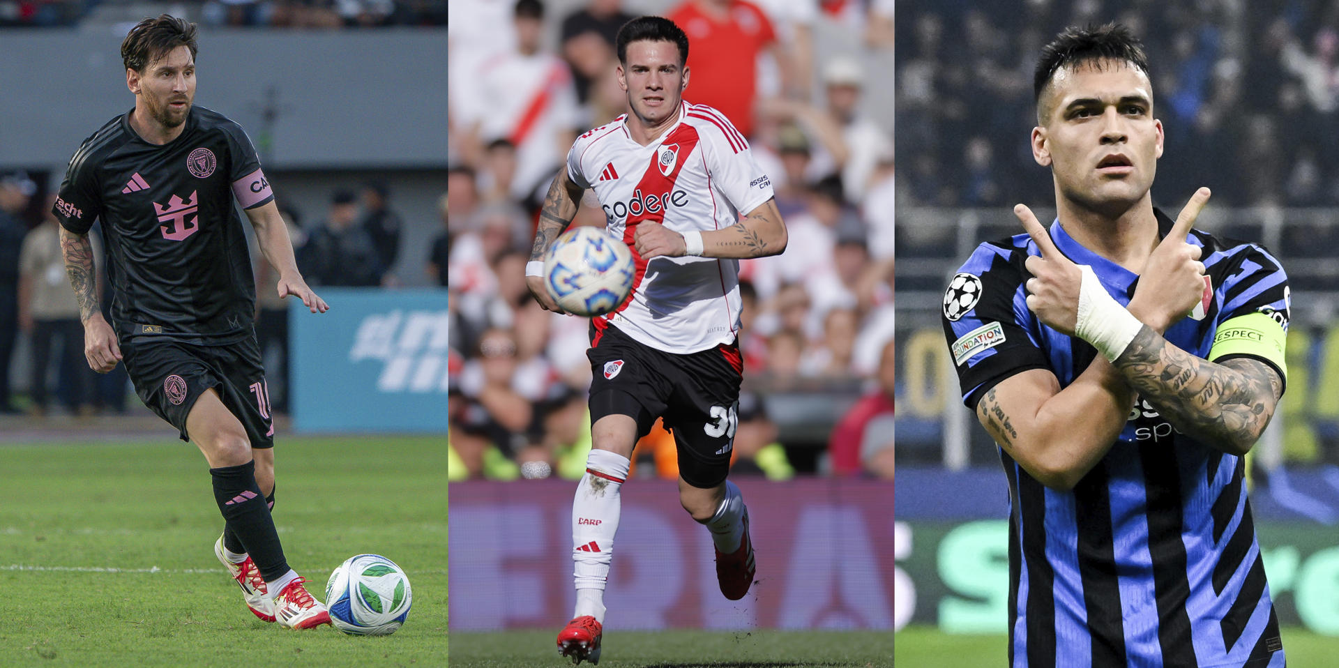 Combo de fotografías de Lionel Messi (i), Franco Mastantuono (c) y Lautaro Martínez. EFE/Eliecer Aizprua/ Juan Ignacio Roncoroni/Nicola Marfisi/ARCHIVO