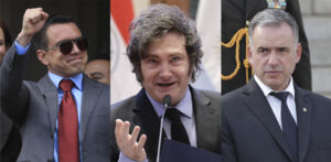 Combo de fotografías de archivo que muestra, de izquierda a derecha, a los presidentes de Ecuador, Daniel Noboa; de Argentina, Javier Milei, y de Uruguay, Yamandú Orsi. EFE/ José Jácome/ Juan Pablo Pino/ Raúl Martínez