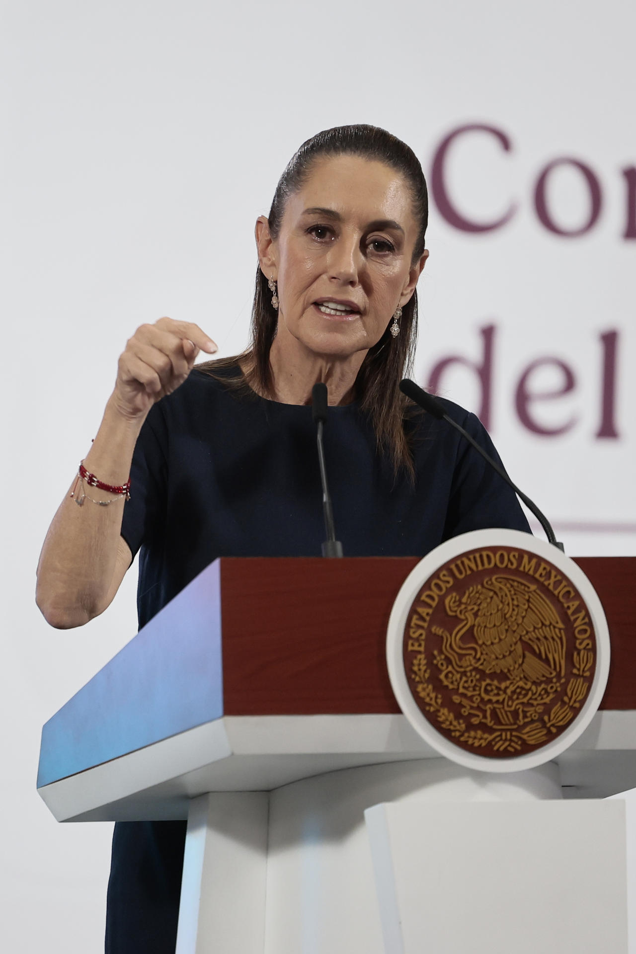 La presidenta de México, Claudia Sheinbaum, habla durante su rueda de prensa matutina este viernes, en Palacio Nacional de Ciudad de México (México). EFE/ José Méndez