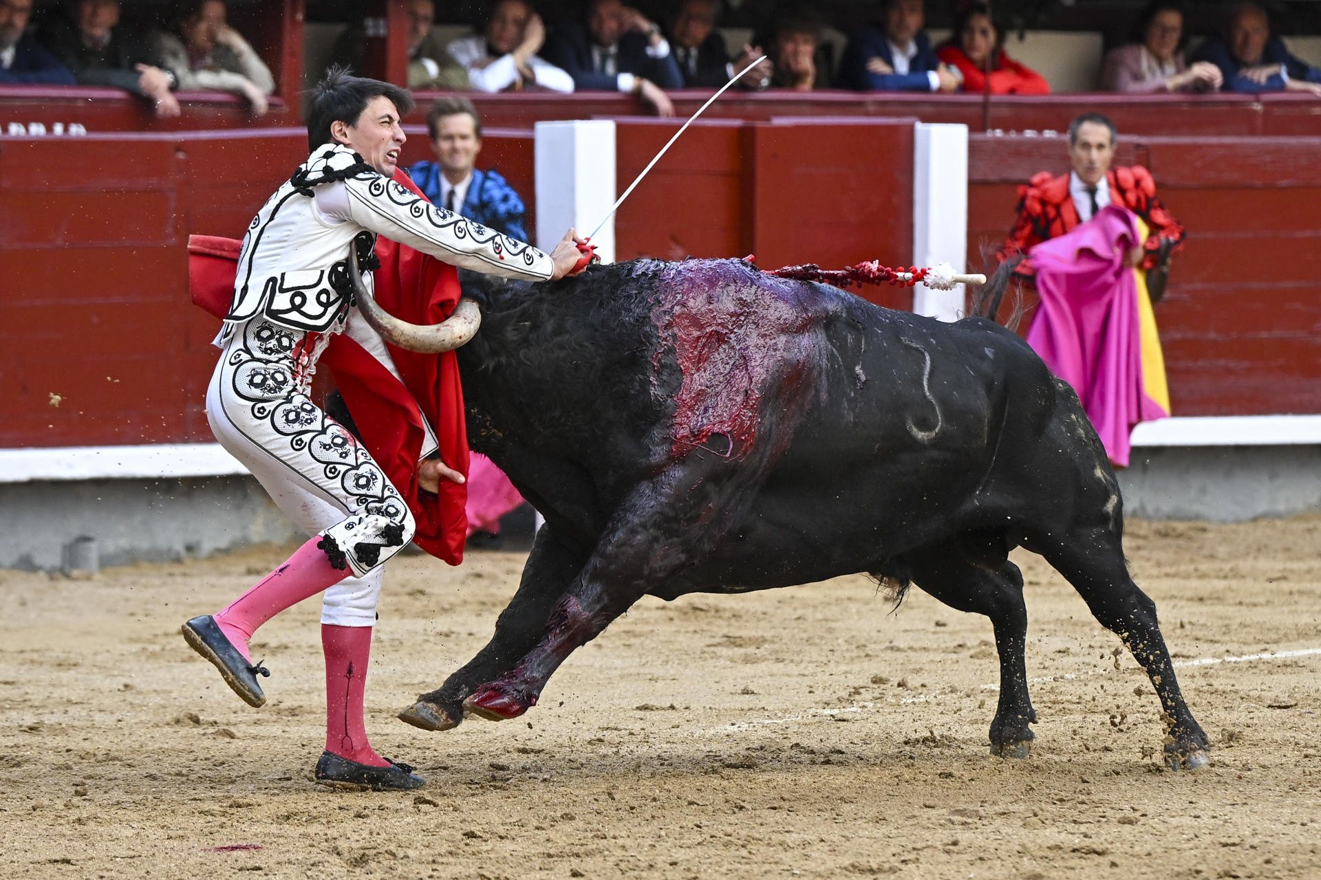 El diestro Francisco José Espada sufre un percance al entrar a matar al primero de los de su lote, durante la corrida goyesca del Dos de Mayo celebrada este viernes en la plaza de toros de Las Ventas, en Madrid. EFE/Fernando Villar