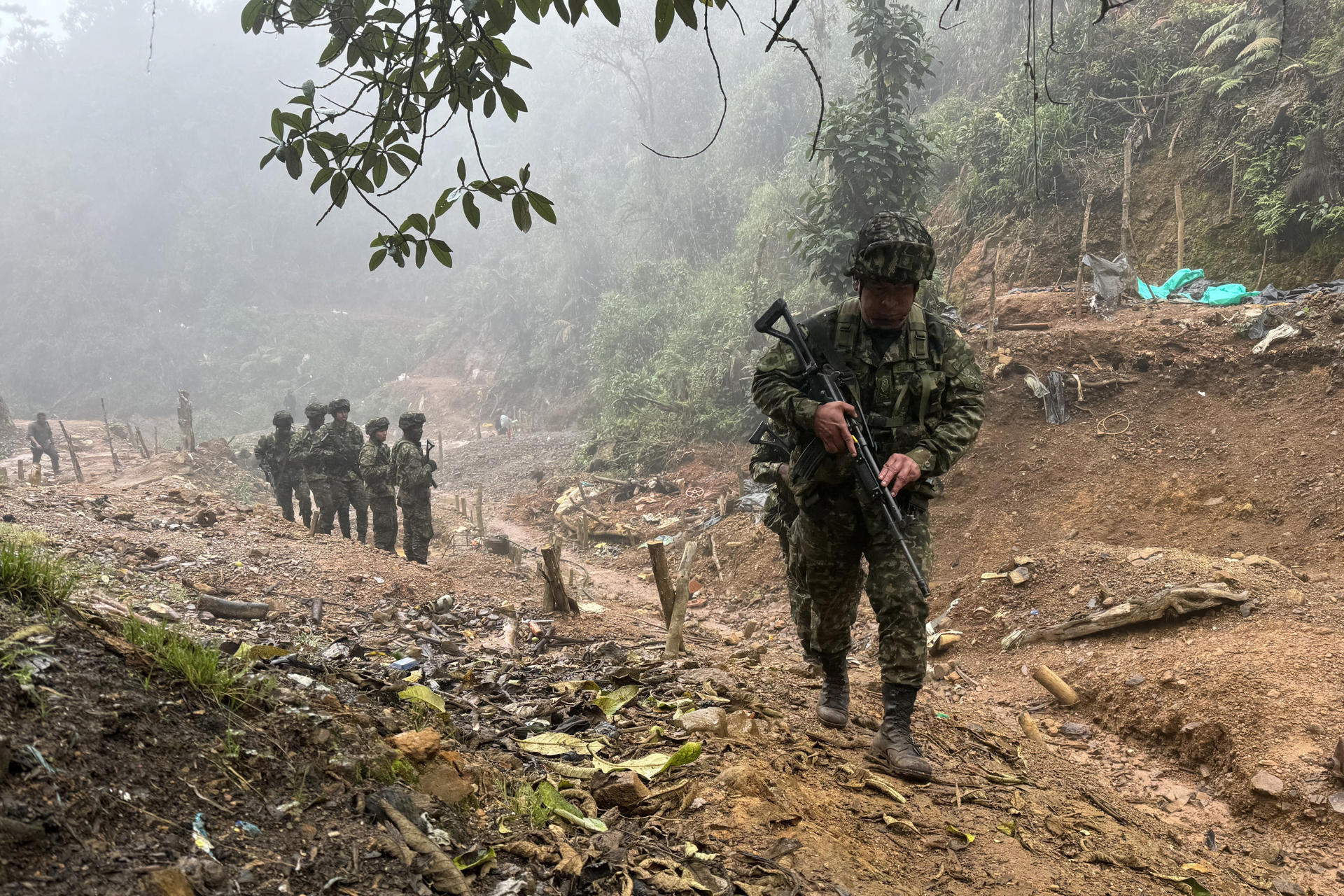 Fotografía de archivo fechada el 29 de noviembre de 2024 de militares y policías en un operativo de seguridad en el parque nacional Los Farallones, en Cali (Colombia). EFE/ Mario Baos