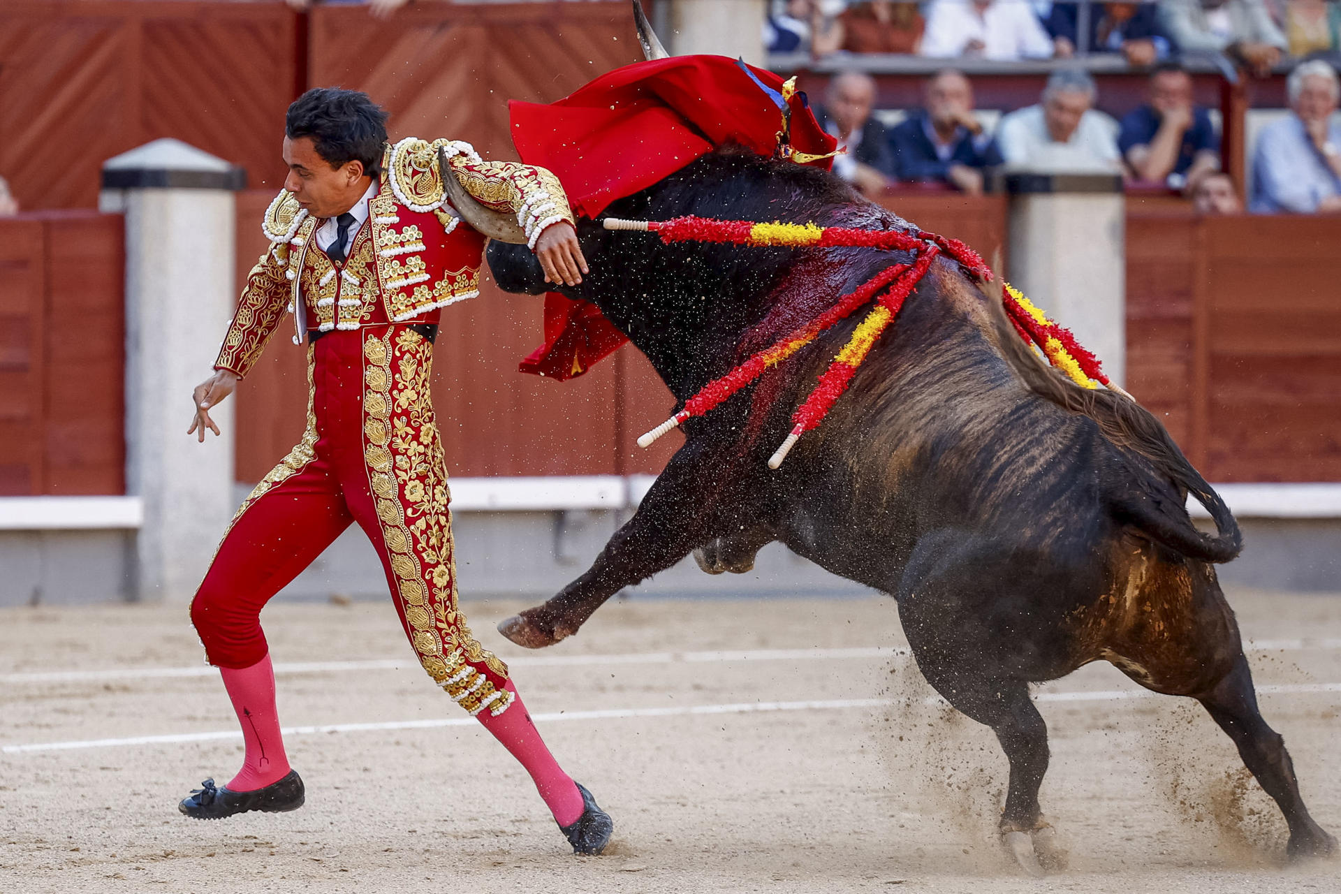 El diestro colombiano Juan de Castilla recibe una cogida del astado durante la corrida de la Feria de San Isidro que se celebra este martes, en la plaza de toros de Las Ventas, en Madrid. EFE/ Daniel González