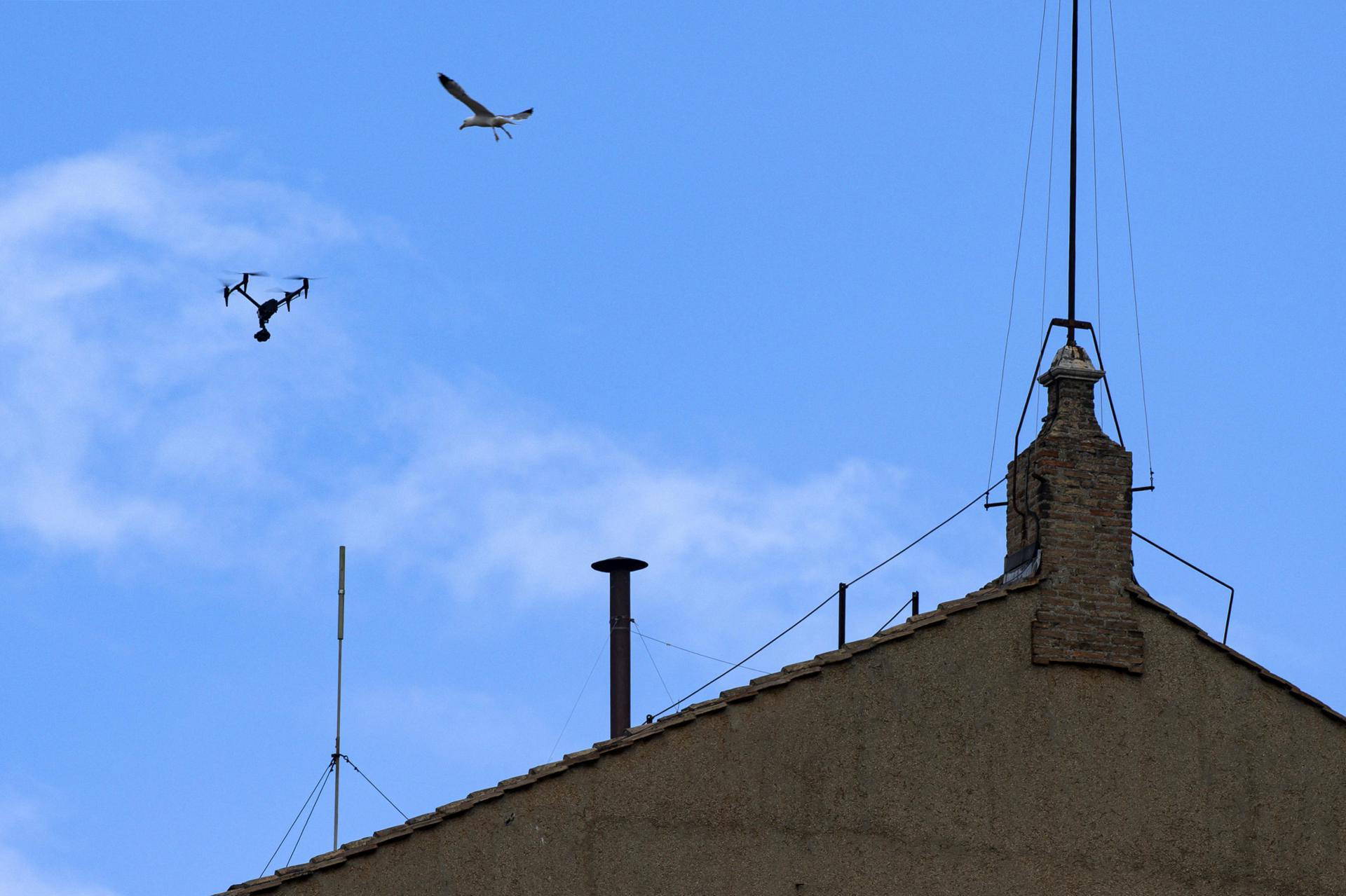 Una gaviota vuela por encima de la chimenea instalada en el techo de la Capilla Sixtina durante el segundo día del Cónclave de Cardenales, en la Ciudad del Vaticano, el 8 de mayo de 2025. EFE/EPA/ANGELO CARCONI