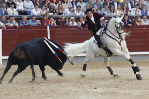 El rejoneador portugués Diego Ventura durante el festejo de rejones de la Feria de San Isidro, con reses de El Capea, Carmen Lorenzo y San Pelayo, este sábado en la Monumental de Las Ventas, en Madrid. EFE/ Javier Lizón
