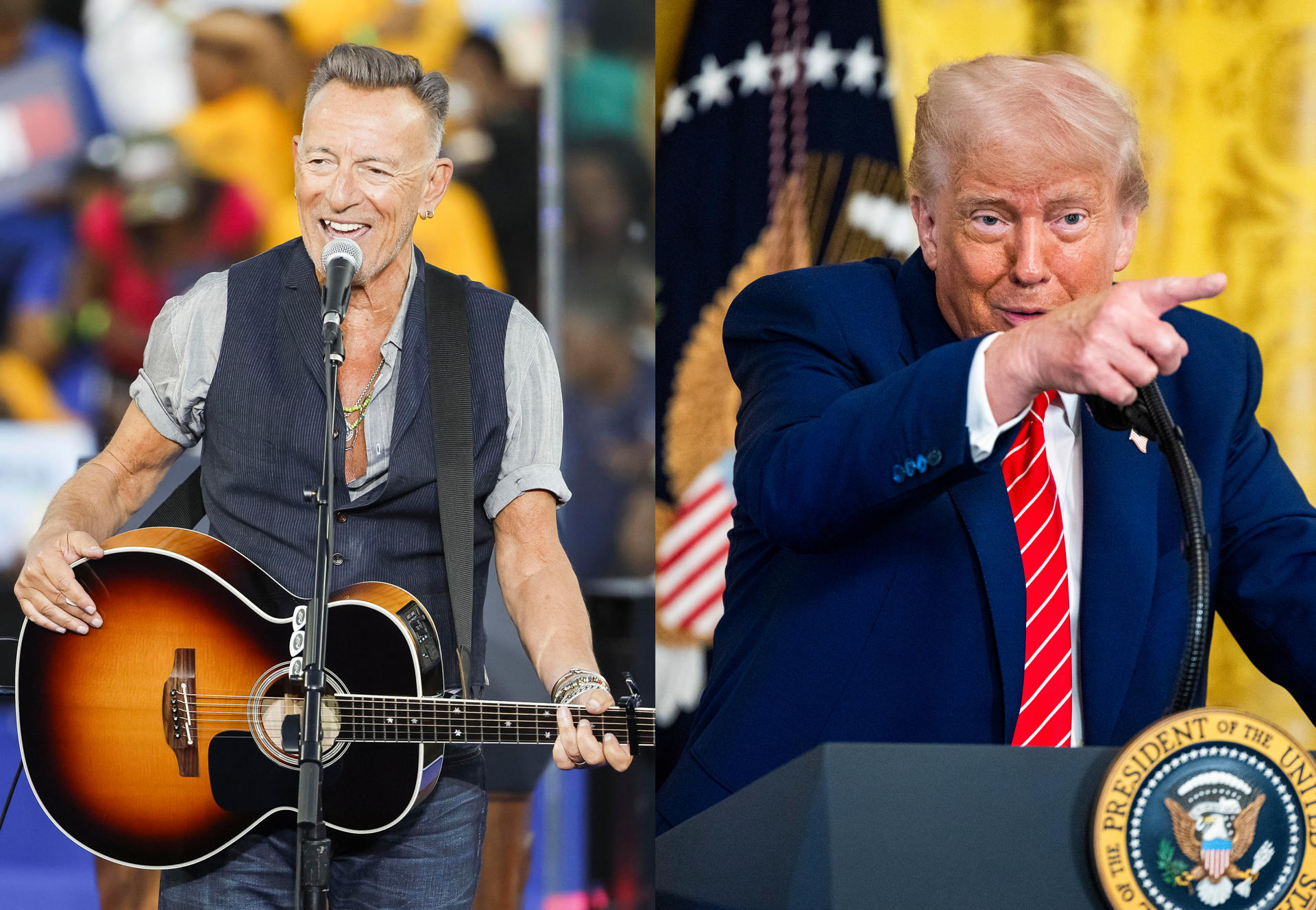Combo de fotografías de archivo donde aparecen el músico Bruce Springsteen y el presidente de Estados Unidos, Donalds Trump. EFE/ Archivo