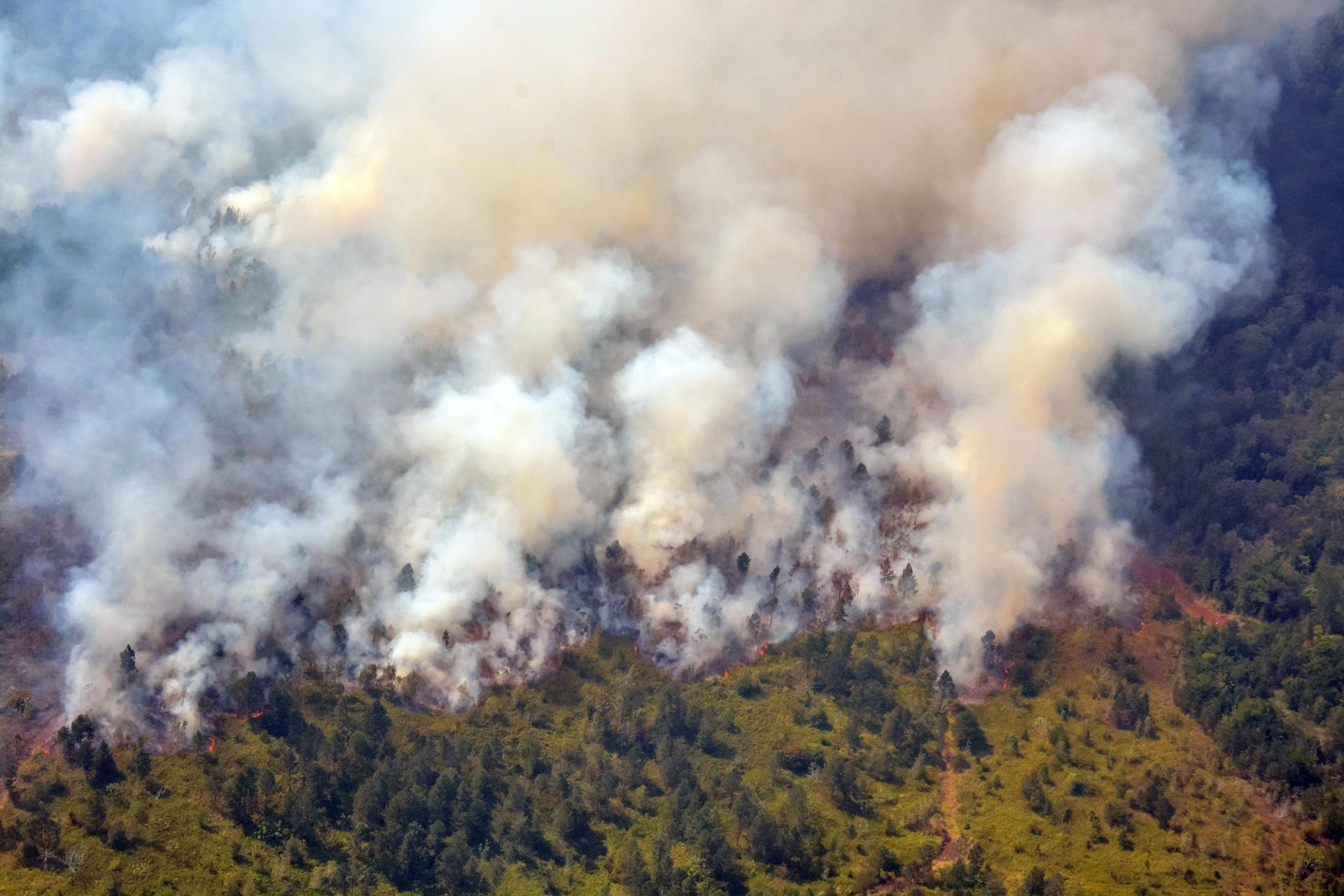 Fotografía aérea de archivo de un incendio forestal de grandes proporciones en la meseta de Pinares de Mayarí, en la provincia de Holguín (Cuba). EFE/Juan Pablo Carreras