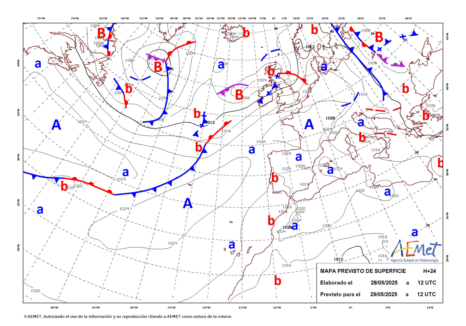 Mapa de isobaras facilitado por la Aemet, elaborado el 28/05/2025 y previsto para el 29/05/2025. EFE/Aemet SOLO USO EDITORIAL/SOLO DISPONIBLE PARA ILUSTRAR LA NOTICIA QUE ACOMPAÑA (CRÉDITO OBLIGATORIO)