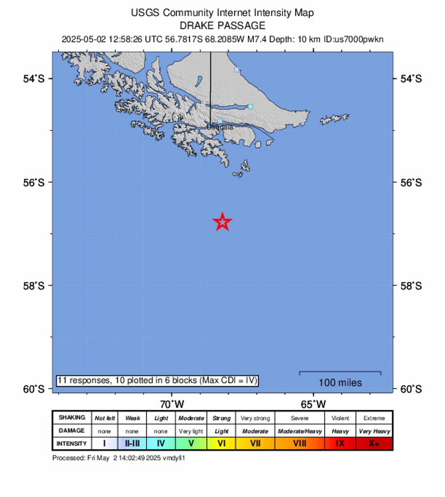 Imagen cedida por el Servicio Geológico de los Estados Unidos (USGS) muestra la ubicación de un terremoto de magnitud 7,5 que golpeó el Pasaje de Drake al sur de la región de Magallanes, Chile. EFE/EPA/USGS