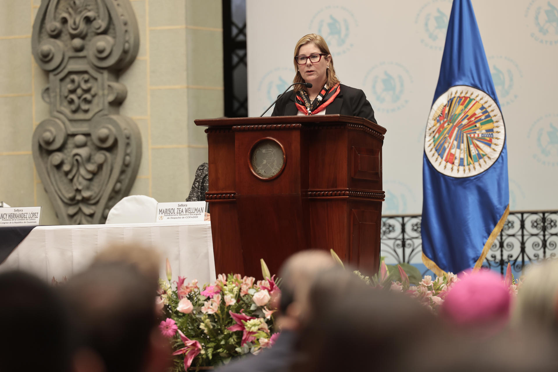 Fotografía cedida de la Presidencia de Guatemala  de la presidenta de la Corte Interamericana de los Derechos Humanos, Nancy Hernández López, hablando durante la inauguración del periodo ordinario 176 de sesiones de la Corte Interamericana de Derechos Humanos (IDH) este 19 de mayo de 2025, en el Palacio Nacional de la Cultura en Ciudad de Guatemala (Guatemala). EFE/ Secretaría De Comunicación Social De La Presidencia De Guatemala
