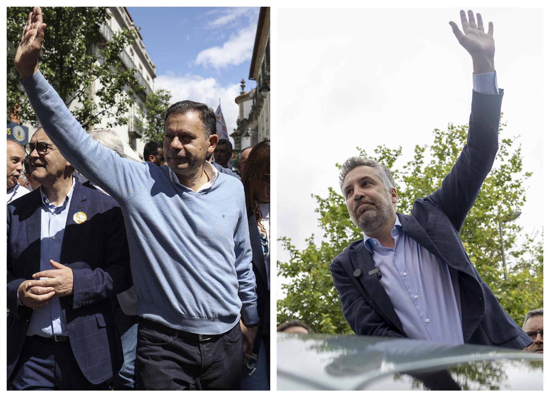 Combo con dos fotos de los líderes de los principales partidos políticos de Portugal, el primer ministro en funciones, el conservador Luís Montenegro (i), y el socialista Pedro Nuno Santos (d), favoritos de los comicios legislativos de este domingo domingo. EFE/ Miguel A. Lopes/Jose Sena Goulao