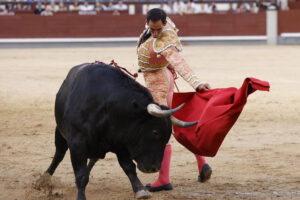 El diestro Saúl Jiménez Fortes da un pase con la muleta al segundo de los de su lote, durante la corrida de la Feria de San Isidro celebrada este miércoles en la plaza de toros de Las Ventas, en Madrid. EFE/Zipi