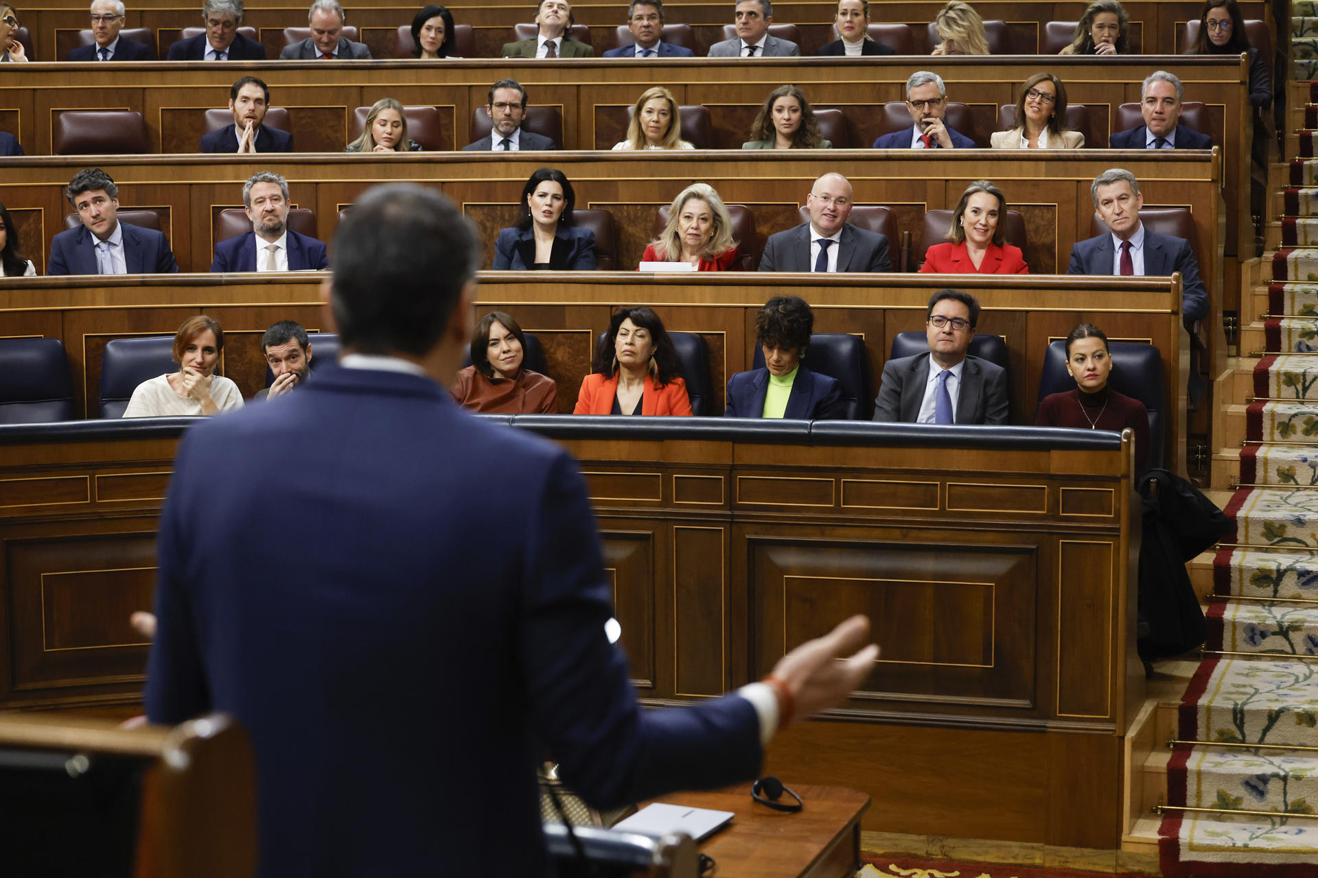 El presidente del Gobierno, Pedro Sánchez, durante una de sus intervenciones en la sesión de control al Ejecutivo en el Congreso. EFE/ JUAN CARLOS HIDALGO