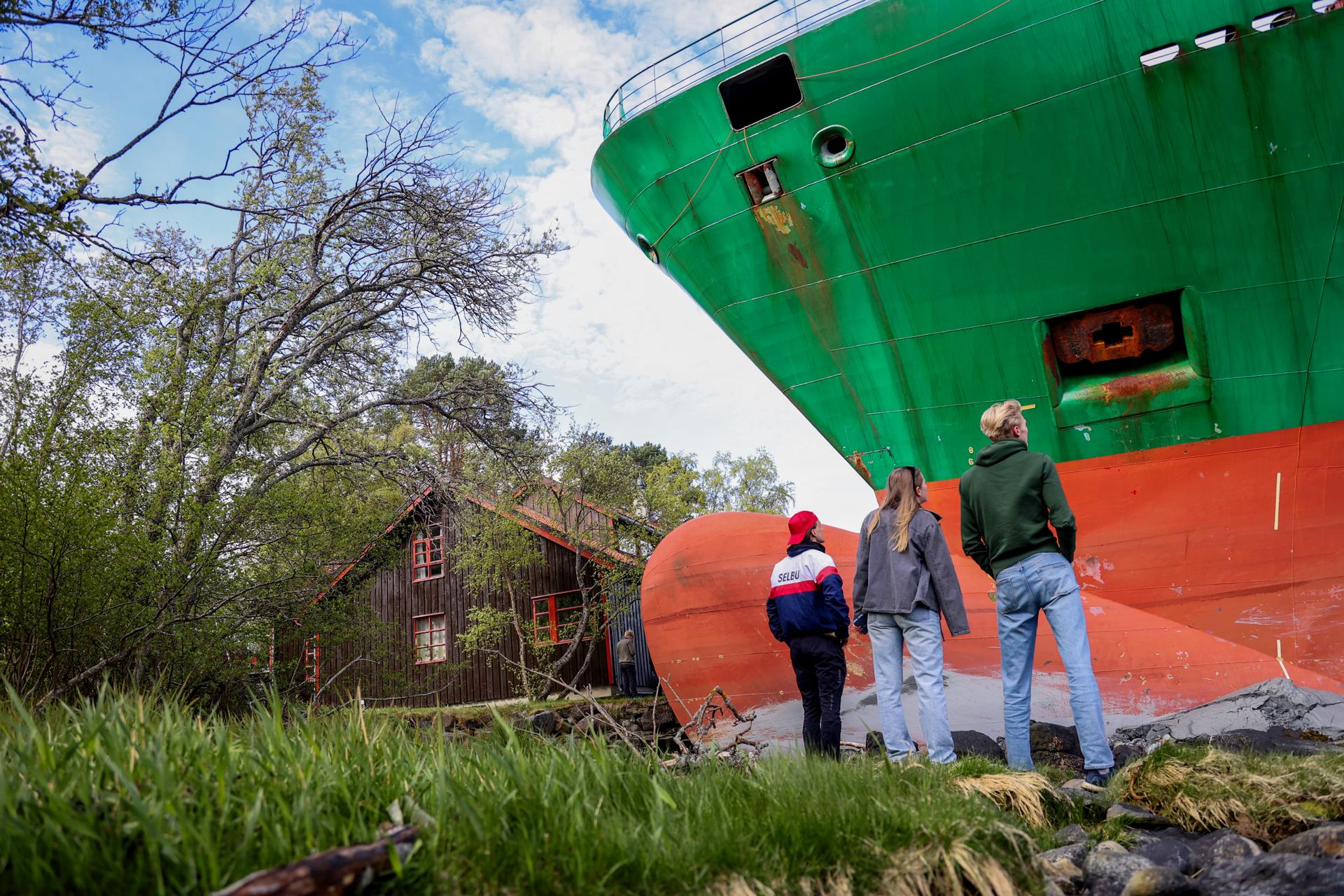 Varias personas observan el carguero que encalló en el jardín de una casa en el fiordo de Trondheim, en las afueras de Byneset, Noruega, el 22 de mayo de 2025. (Noruega) EFE/EPA/Jan Langhaug NORWAY OUT