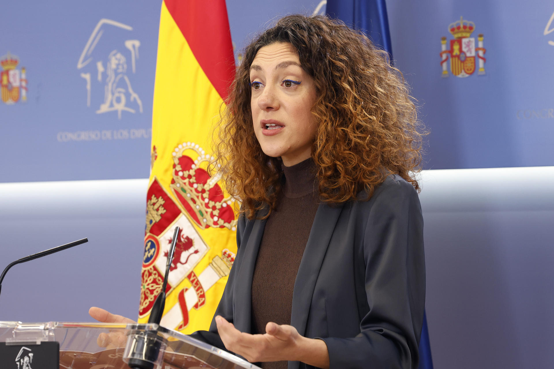 MADRID, 13/05/2025.- La diputada de Sumar Aina Vidal da una rueda de prensa en el marco de la reunión de la Junta de Portavoces este martes en el Congreso de los Diputados. EFE/ J.P. Gandul