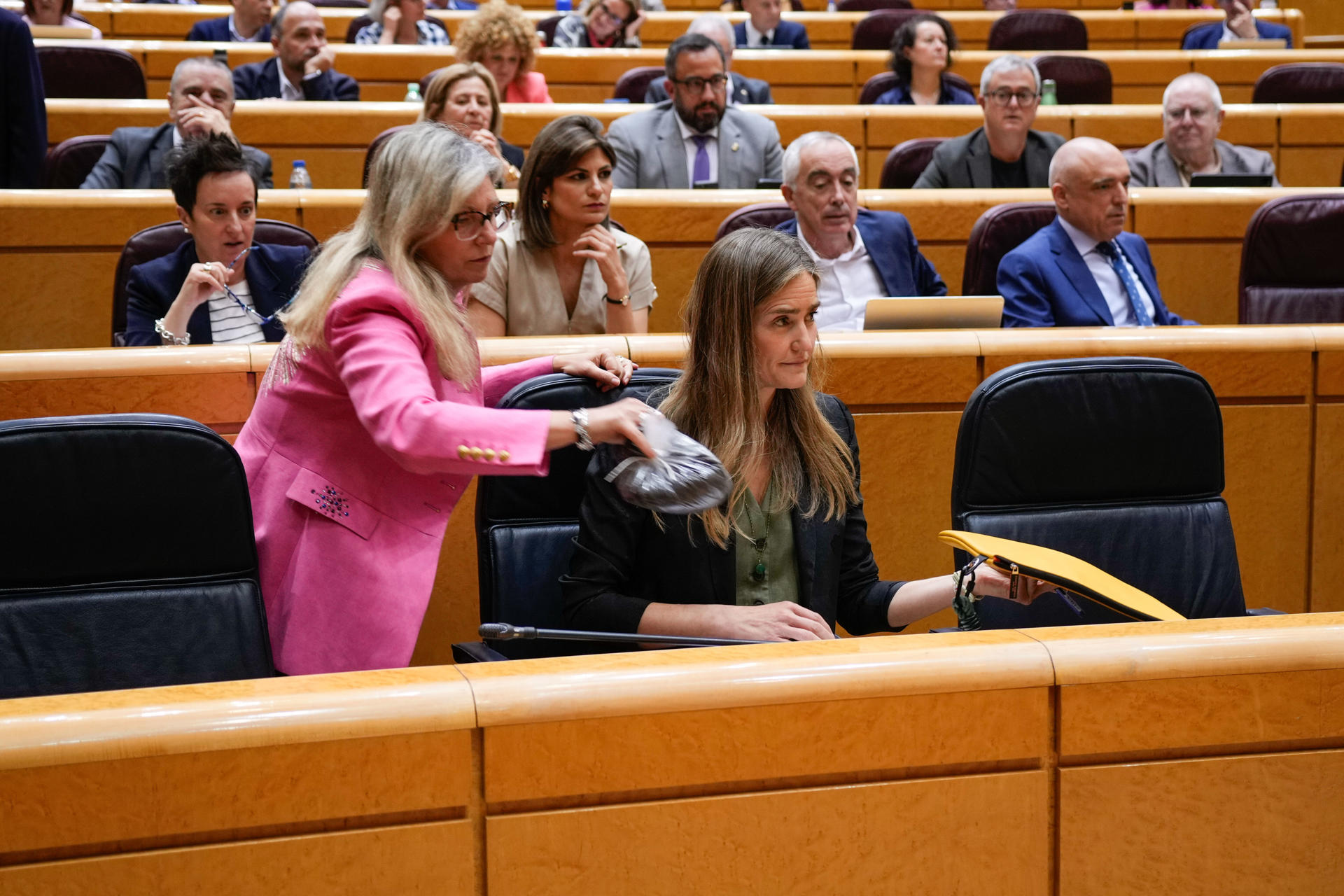 La diputada socialista María Amparo Marco (izda) quita la bolsa llena de estéril minero colocada por el senador del PP Francisco Bernabé en el escaño de la vicepresidenta tercera y ministra para la Transición Ecológica, Sara Aagesen, como protesta y para exigir que se regenere la bahía de Portmán (Murcia), durante el pleno del Senado celebrado este martes. EFE/Borja Sánchez-Trillo