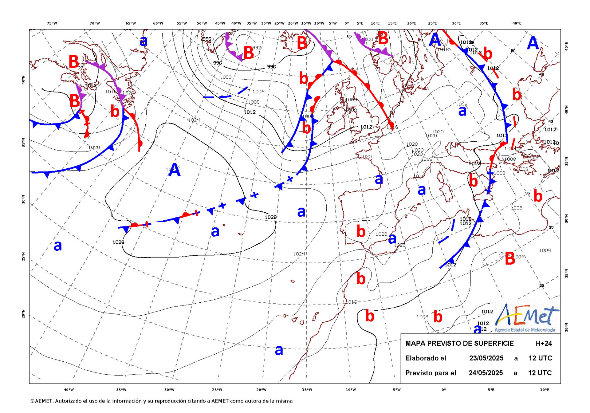 Mapa de isobaras facilitado por la Aemet, elaborado el 23/05/2025 y previsto para el 24/05/2025. EFE/Aemet SOLO USO EDITORIAL/SOLO DISPONIBLE PARA ILUSTRAR LA NOTICIA QUE ACOMPAÑA (CRÉDITO OBLIGATORIO)