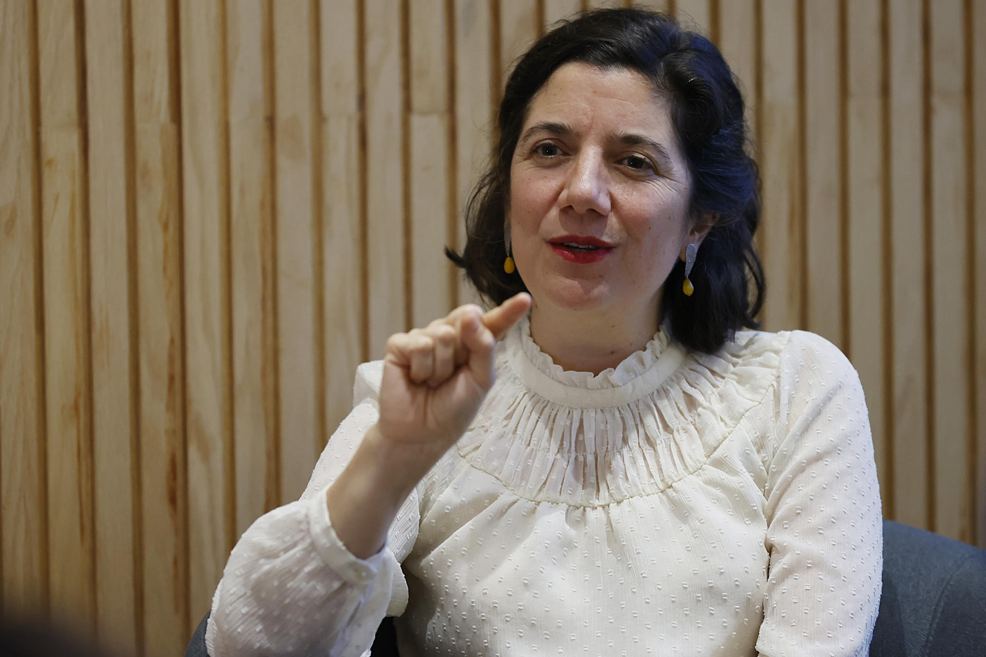 La ministra chilena de Ciencia y Tecnología, y portavoz del Gobierno, Aisen Etcheverry, habla durante una entrevista con EFE este miércoles, en Santiago (Chile). Aisén Etcheverry dijo en entrevista con EFE que Latinoamérica puede aspirar a tener soberanía tecnológica y ejercer un rol activo en el futuro del desarrollo tecnológico. EFE/ Elvis González