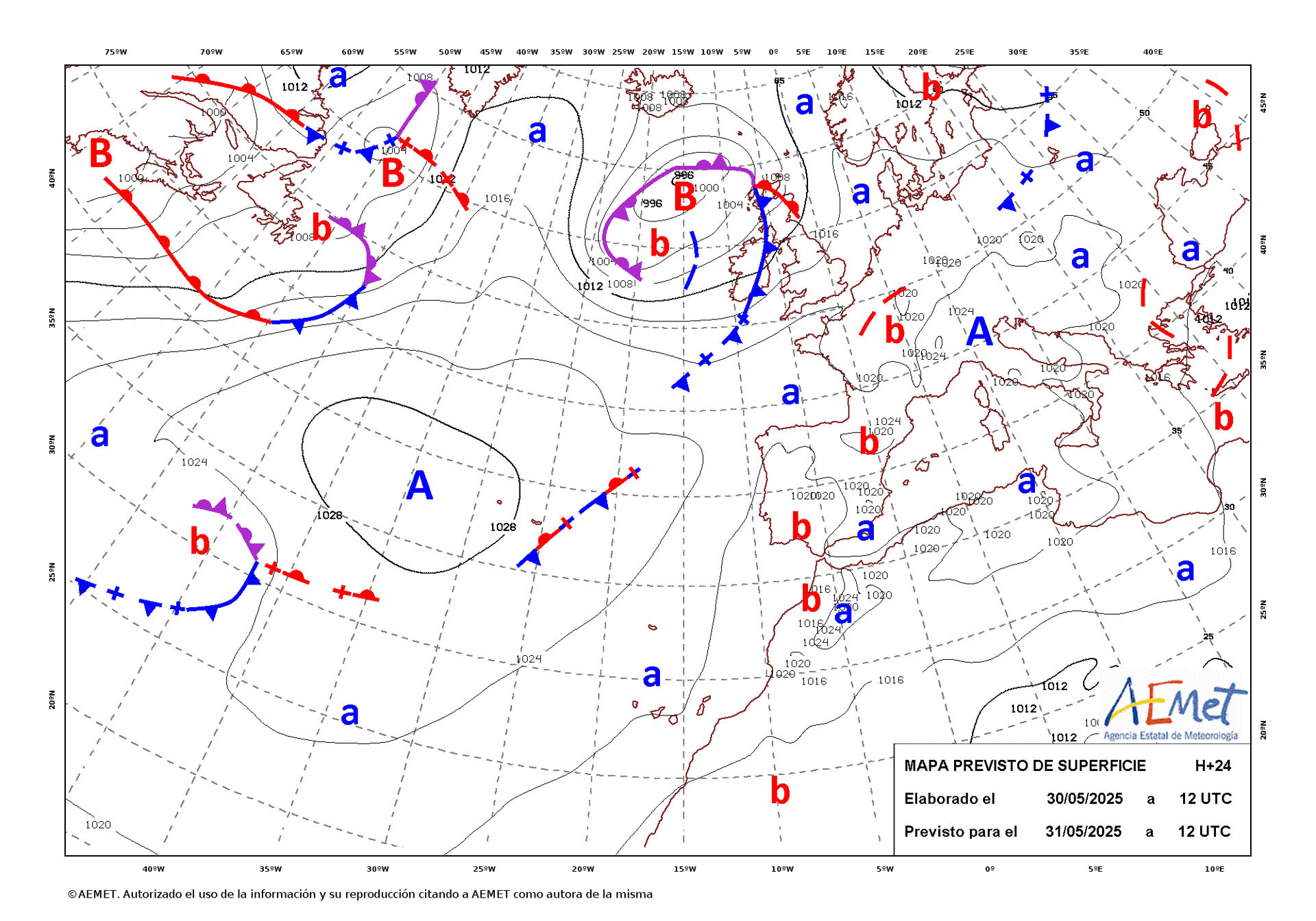 Mapa de isobaras facilitado por la Aemet, elaborado el 30/05/2025 y previsto para el 31/05/2025. EFE/Aemet SOLO USO EDITORIAL/SOLO DISPONIBLE PARA ILUSTRAR LA NOTICIA QUE ACOMPAÑA (CRÉDITO OBLIGATORIO)