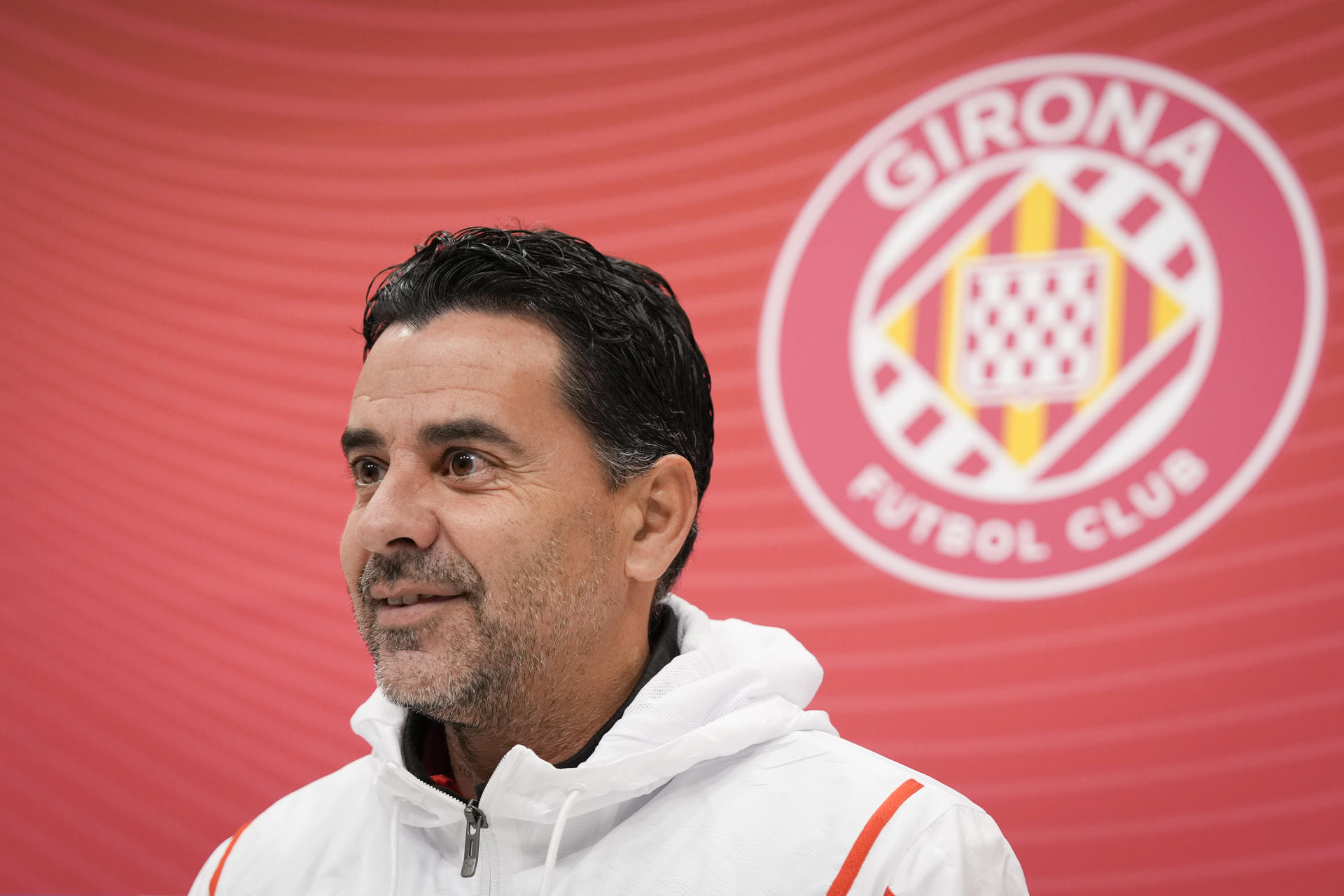 El técnico del Girona CF, Michel Sánchez, durante la rueda de prensa el pasado 21 de febrero. EFE/ David Borrat