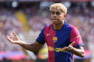 El delantero del Barcelona Lamine Yamal, en el Estadi Olímpic Lluís Companys. EFE/ Siu Wu
