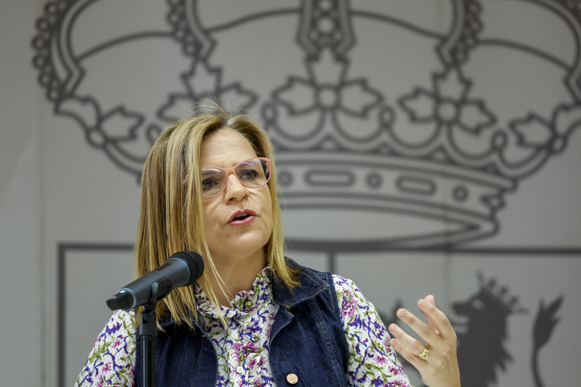 La delegada del Gobierno en la Comunitat Valenciana, Pilar Bernabé, durante su comparecencia en la que ha hecho balance de la acción del Gobierno de España seis meses después de las inundaciones causadas por la dana del 29 de octubre. EFE/Ana Escobar