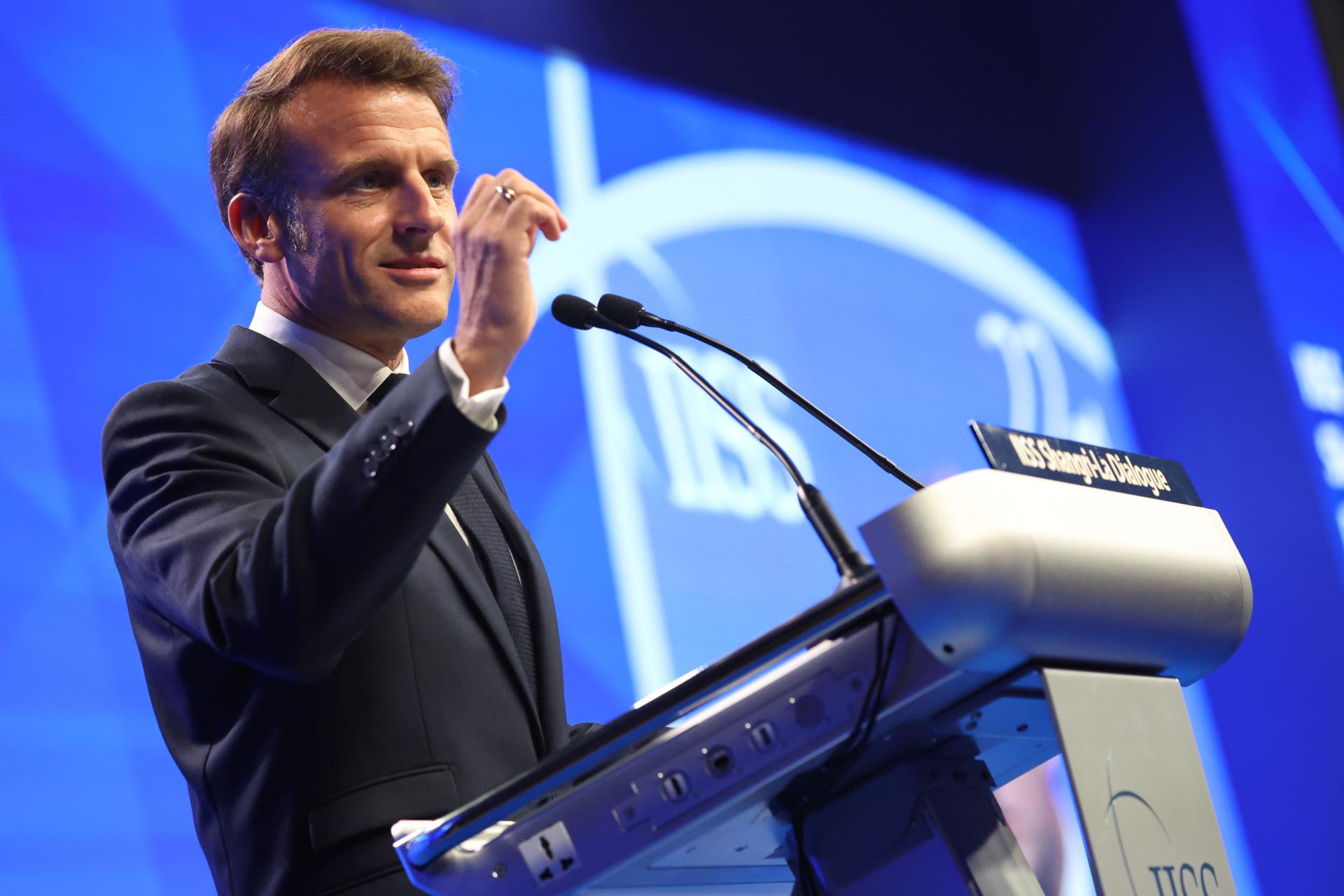 El presidente de Francia, Emmanuel Macron, durante su discurso en el foro de seguridad Diálogo Shangri-La.
EFE/EPA/HOW HWEE YOUNG