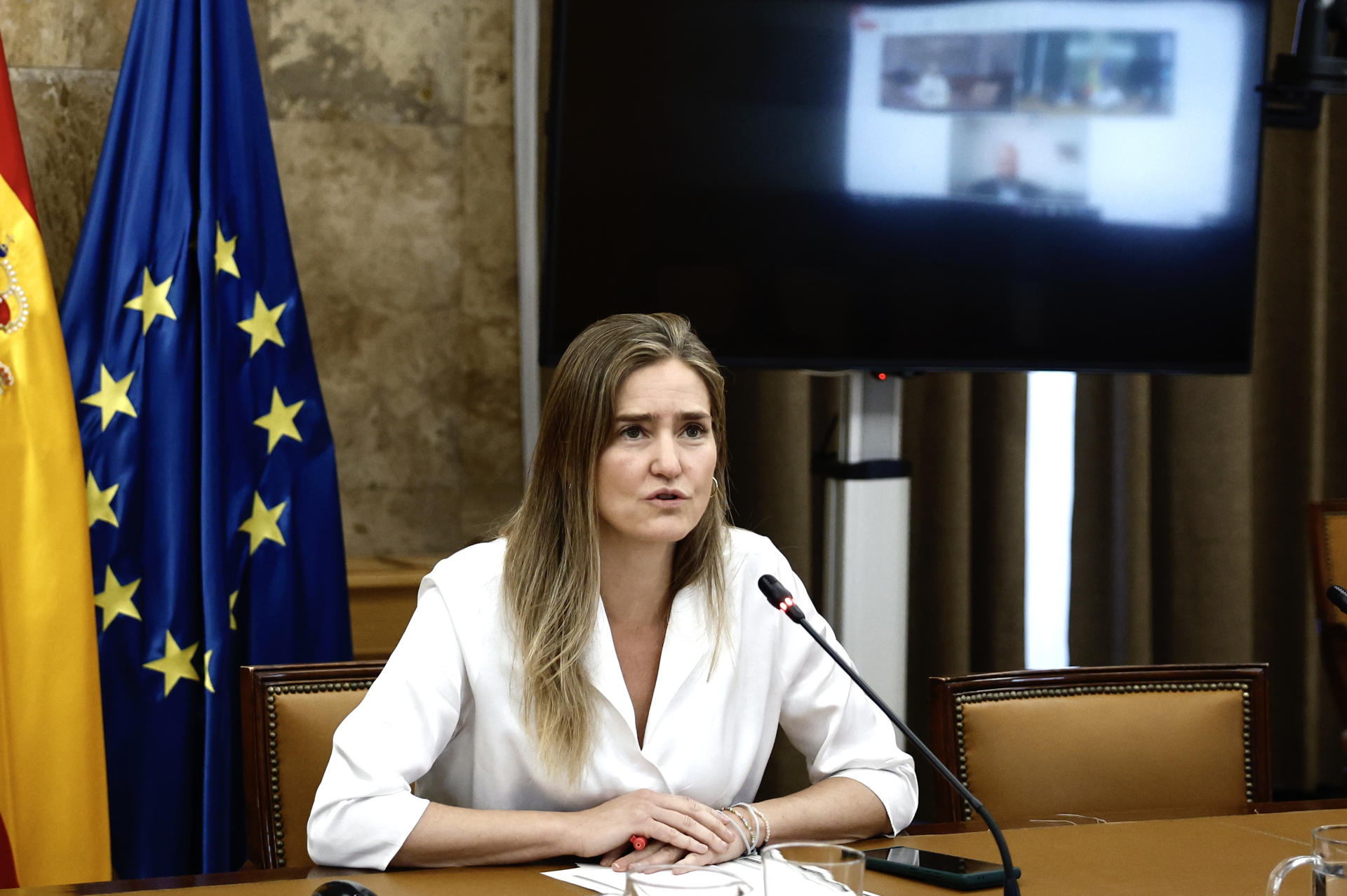 MADRID, 02/05/2025.- La vicepresidenta y ministra para la Transición Ecológica y el Reto Demográfico, Sara Aagesen, se reúne por videoconferencia con la ministra de Medio Ambiente y Energía de Portugal, María da Graça Carvalho, para analizar el apagón que afectó a los dos países el pasado lunes. EFE/ Sergio Pérez