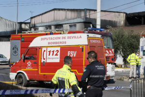 Situación este jueves tras la explosión provocada a consecuencia de un incendio de una nave de productos químicos de Alcalá de Guadaíra (Sevilla). EFE/ José Manuel Vidal