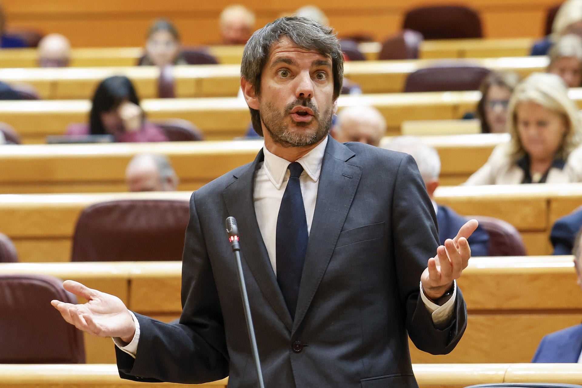 El ministro de Cultura, Ernest Urtasun, interviene en la sesión de control al Gobierno celebrada este martes por el pleno del Senado. EFE/ J.P.Gandul