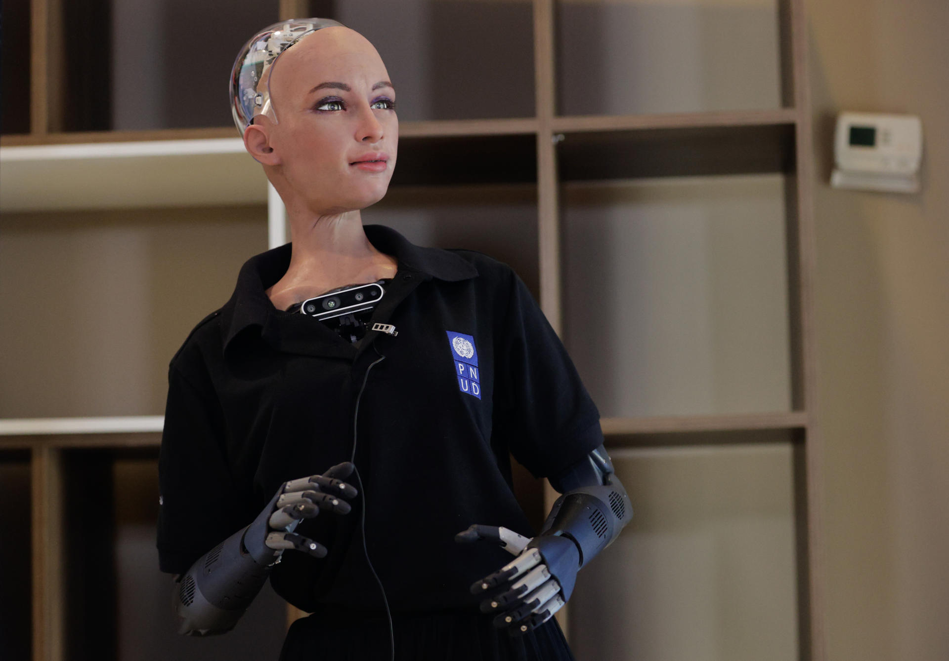 Fotografía de la robot humanoide Sophia durante una entrevista con EFE este jueves, en Asunción (Paraguay). EFE/ Juan Pablo Pino