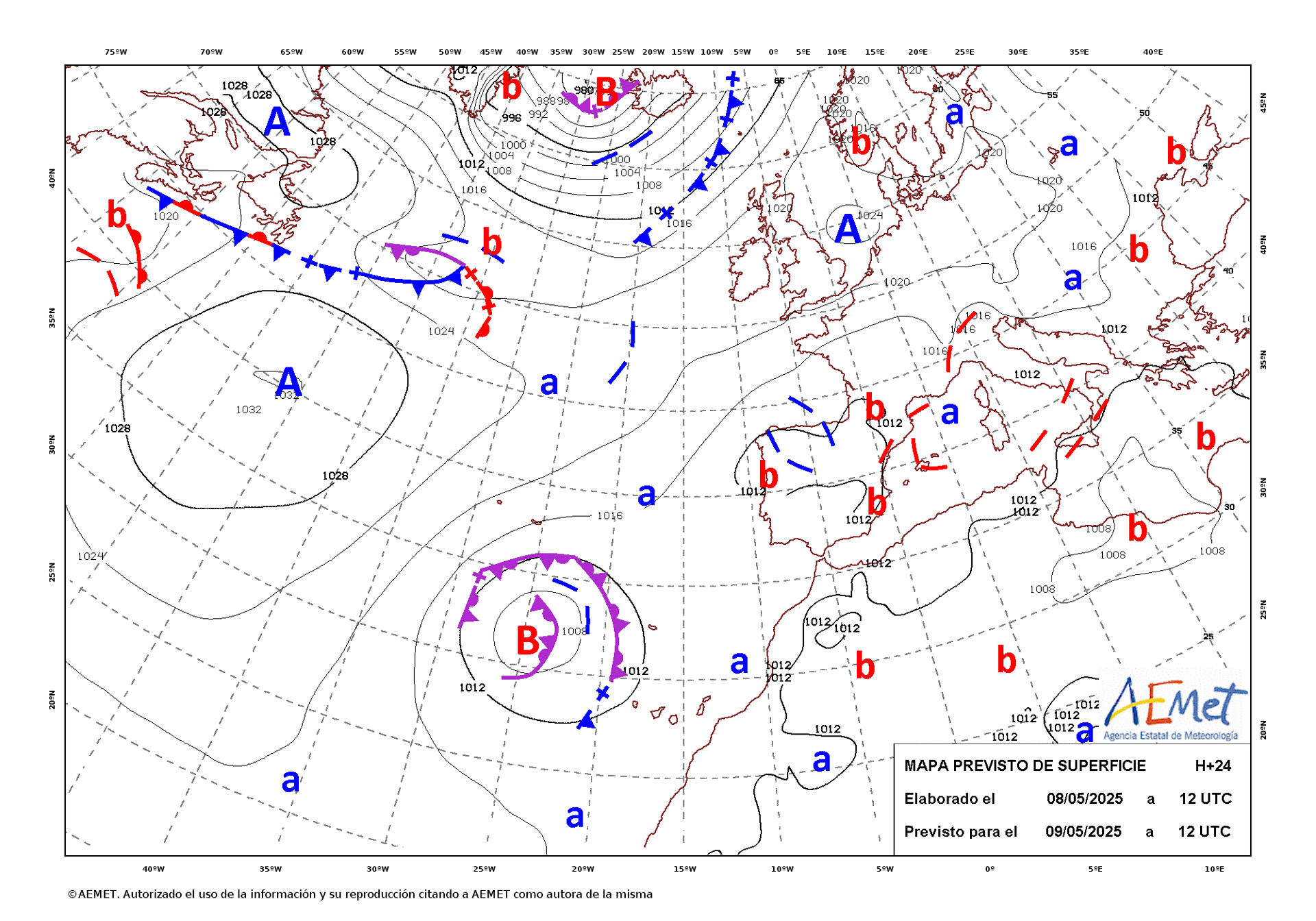Mapa de isobaras facilitado por la Aemet, elaborado el 08/05/2025 y previsto para el 09/05/2025. EFE/Aemet SOLO USO EDITORIAL/SOLO DISPONIBLE PARA ILUSTRAR LA NOTICIA QUE ACOMPAÑA (CRÉDITO OBLIGATORIO)