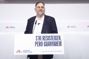 El presidente de ERC, Oriol Junqueras, este viernes en rueda de prensa. EFE/Quique García