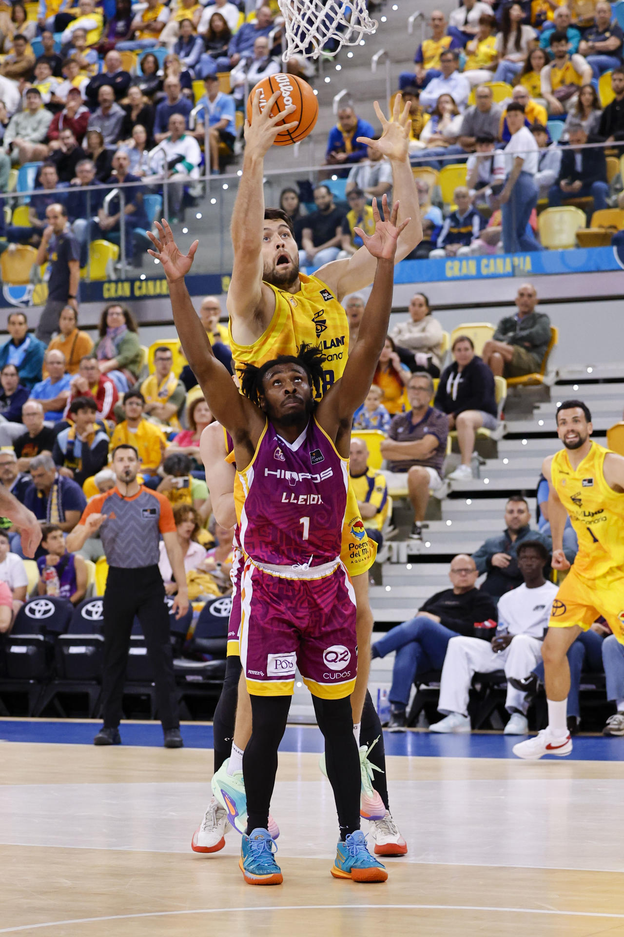 El jugador del Dreamland Gran Canaria Mike Tobey (detras) y el jugador del Hiopos Lleida James Batemon (delante) durante el partido aplazado de la jornada 27 de la Liga Endesa que ambos equipos disputaron en el Gran Canaria Arena, en Las Palmas de Gran Canaria. EFE/ Elvira Urquijo A.