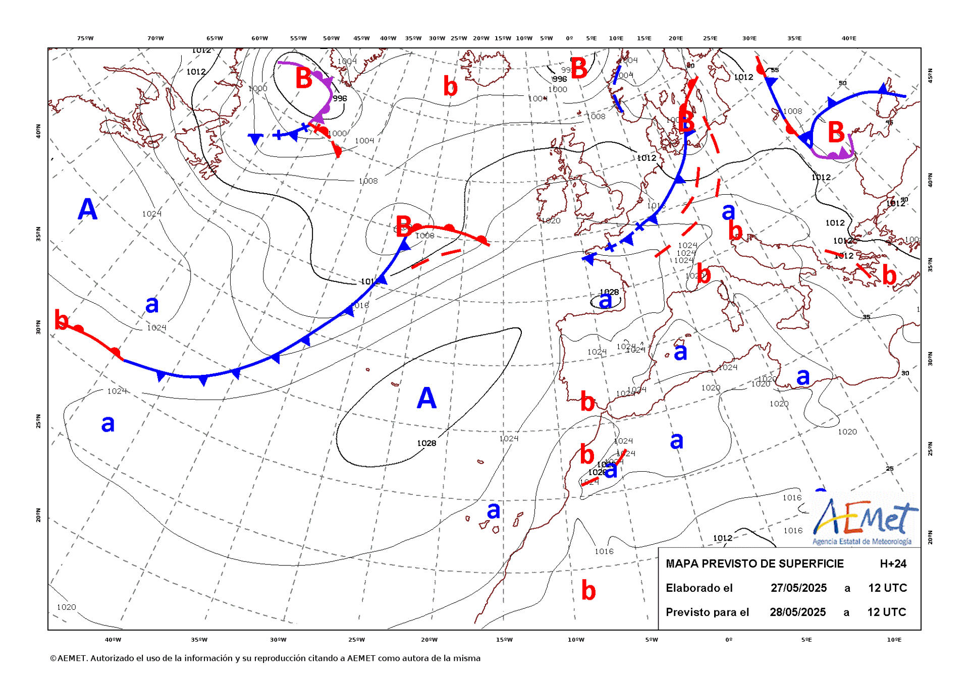 Mapa de isobaras facilitado por la Aemet, elaborado el 27/05/2025 y previsto para el 28/05/2025. EFE/Aemet SOLO USO EDITORIAL/SOLO DISPONIBLE PARA ILUSTRAR LA NOTICIA QUE ACOMPAÑA (CRÉDITO OBLIGATORIO)