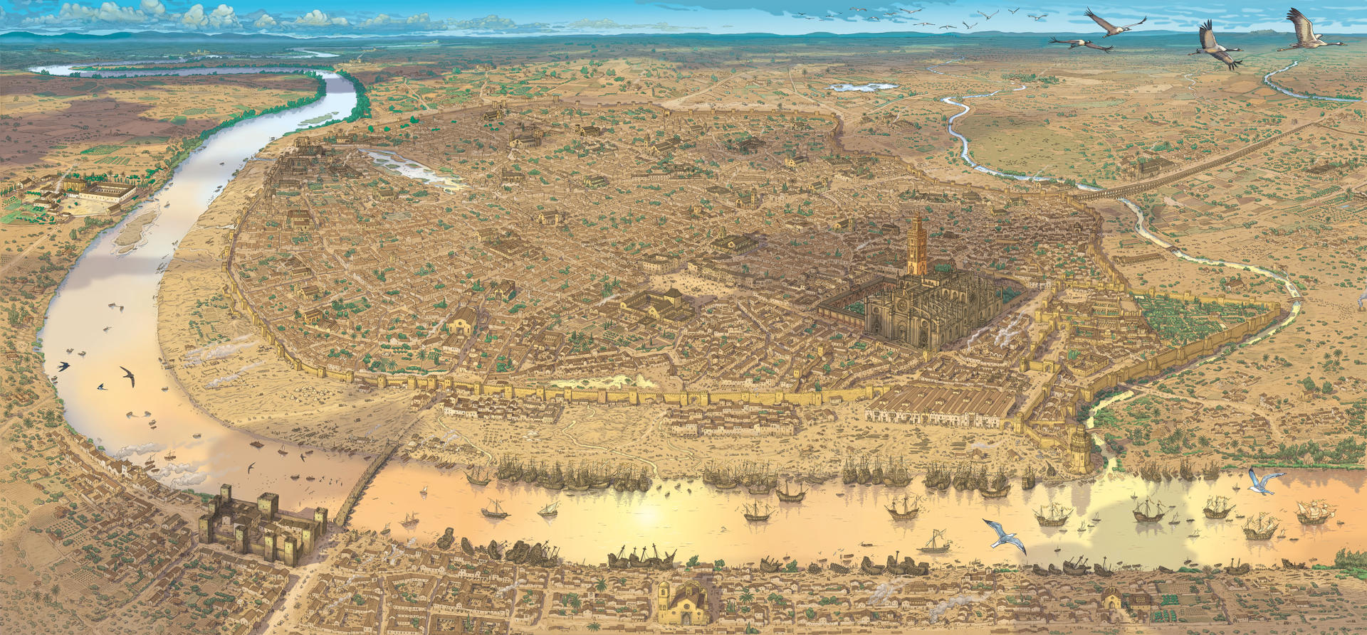 Imagen que se incluye en el libro "Sevilla. Puerta del Mundo", publicado por La Esfera de los Libros y que lleva el subtítulo de "Historia ilustrada de una ciudad imperial" porque, en tamaño folio, reúne unas doscientas ilustraciones de Arturo Redondo, con un estilo influenciado por la narrativa gráfica y el cómic europeo, y siete capítulos breves de Fernando Olmedo, quien también ha ejercido de documentalista del dibujante. EFE/Fernando Olmedo//SOLO USO EDITORIAL/SOLO DISPONIBLE PARA ILUSTRAR LA NOTICIA QUE ACOMPAÑA (CRÉDITO OBLIGATORIO)//
,